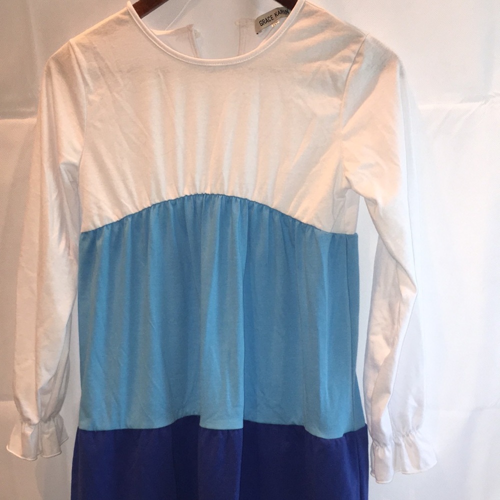 Grace Karin White and Blue Color block Long Sleeve Girl's Dress - NWOT
